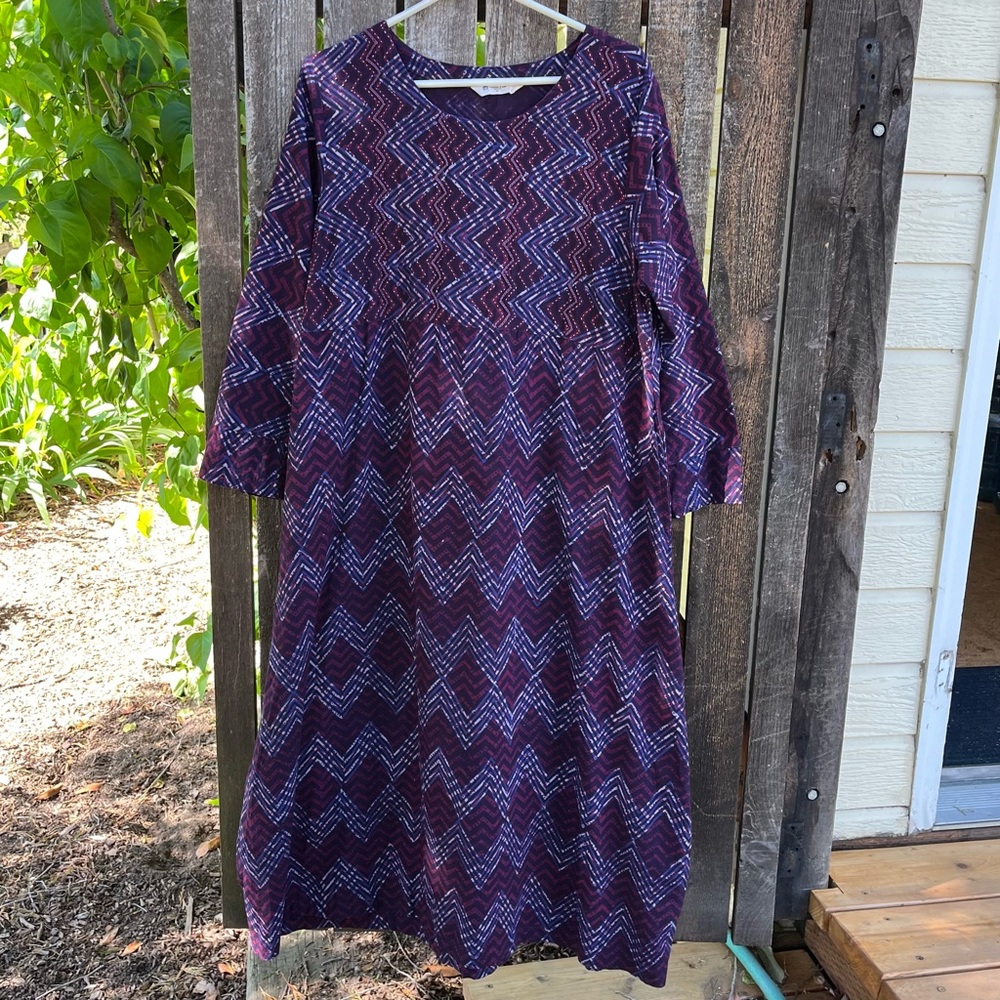 Marketplace Chevron Batik Block Print Embroidery Accent Dress Purple/Blue Sz M